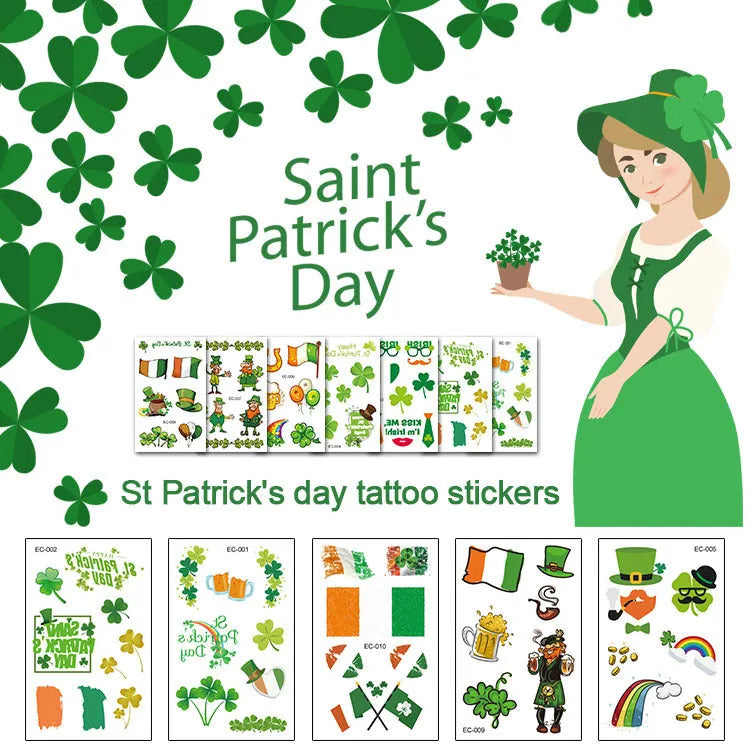 Sheet of children's temporary shamrock flag tattoo stickers for St. Patrick's Day, using water transfer printing.
