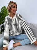 Black striped women's casual top with drop-shoulder sleeves made from viscose fibre knitted fabric