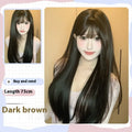 Dark brown long straight synthetic wig with bangs on a wig stand