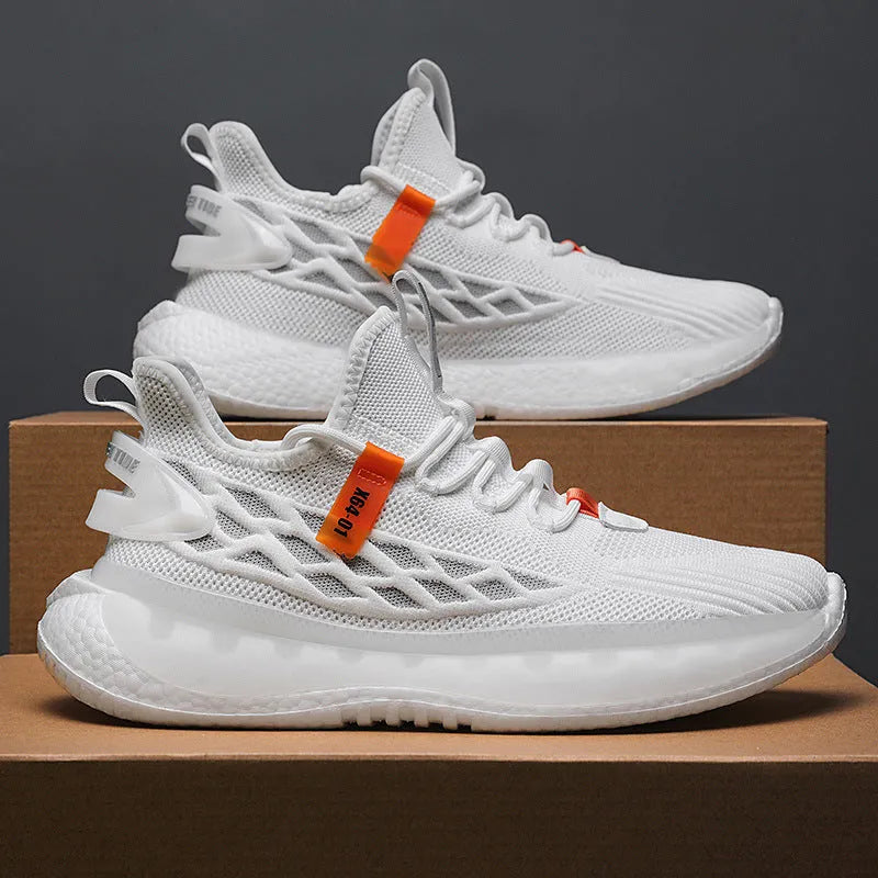 Men's white platform sneaker with woven mesh upper and flat rubber sole