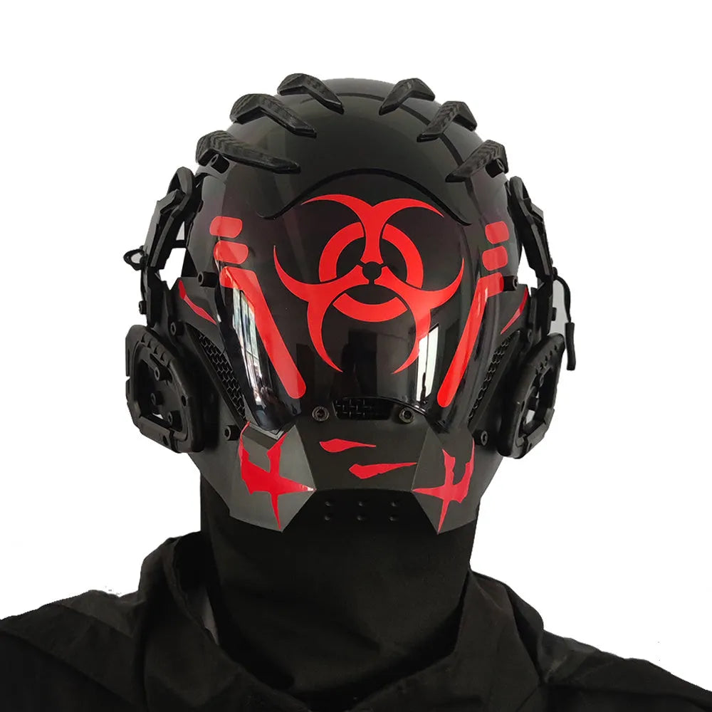 Black full face costume prop helmet with a smooth, futuristic design on a grey background.