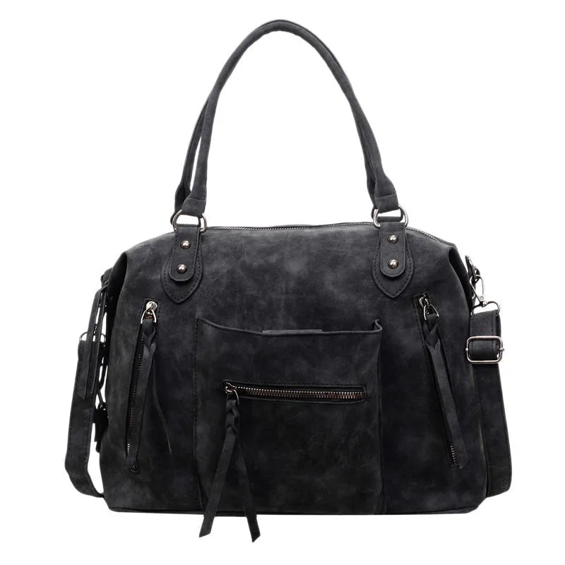 Retro textured women's large-capacity PU messenger bag in black with stitching detail, 36x25x13cm