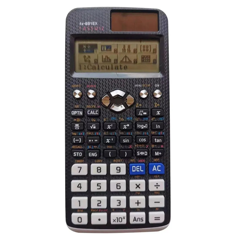 Casio fx-991EX scientific calculator in black, showing high-resolution display with complex formula.