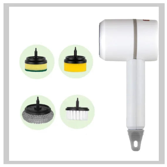 Green electric cleaning brush with three interchangeable scouring pad, brush, and sponge heads on a white background.