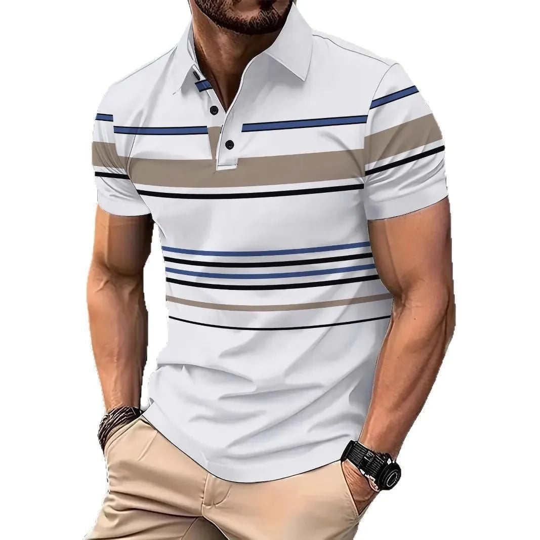 White men's striped short sleeve T-shirt with loose fit design for summer casual wear