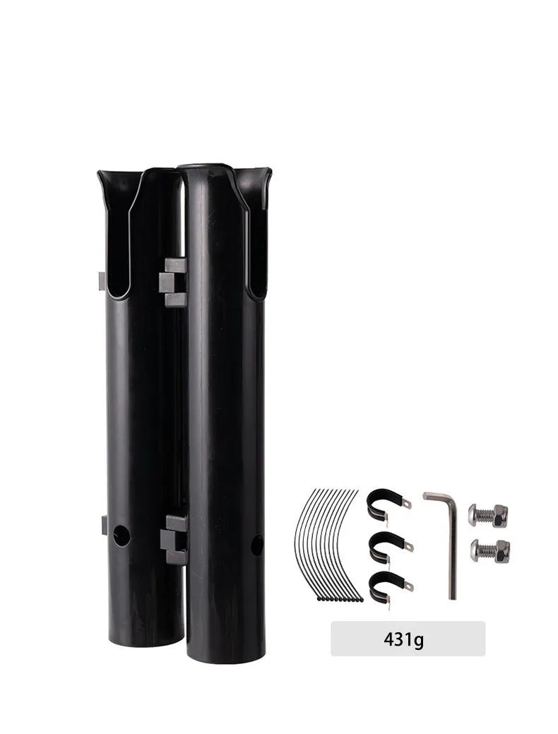 Carbon plastic fishing rod rack mounted on a bicycle frame for transporting fishing gear.