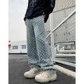 Bold jacquard full-print cotton denim jeans in blue, mid-rise with button fly, long leg streetwear style