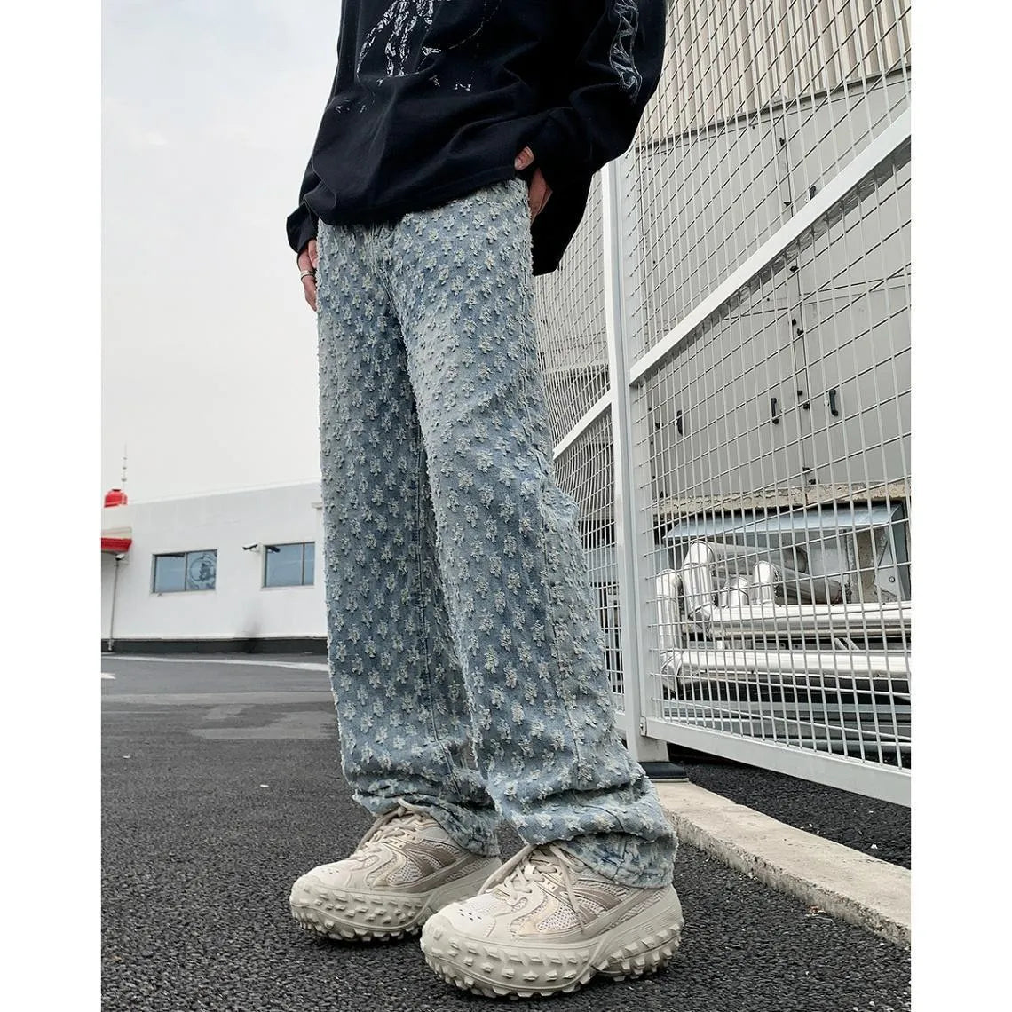 Bold jacquard full-print cotton denim jeans in blue, mid-rise with button fly, long leg streetwear style
