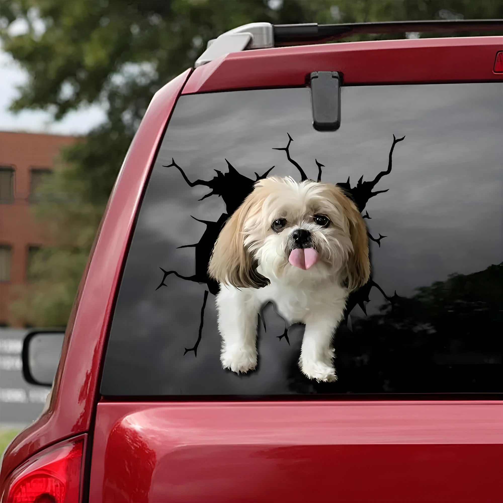 Torn cartoon dog reflective sticker for car window in QCTMK2904 colour, available in 30cm 40cm 50cm sizes