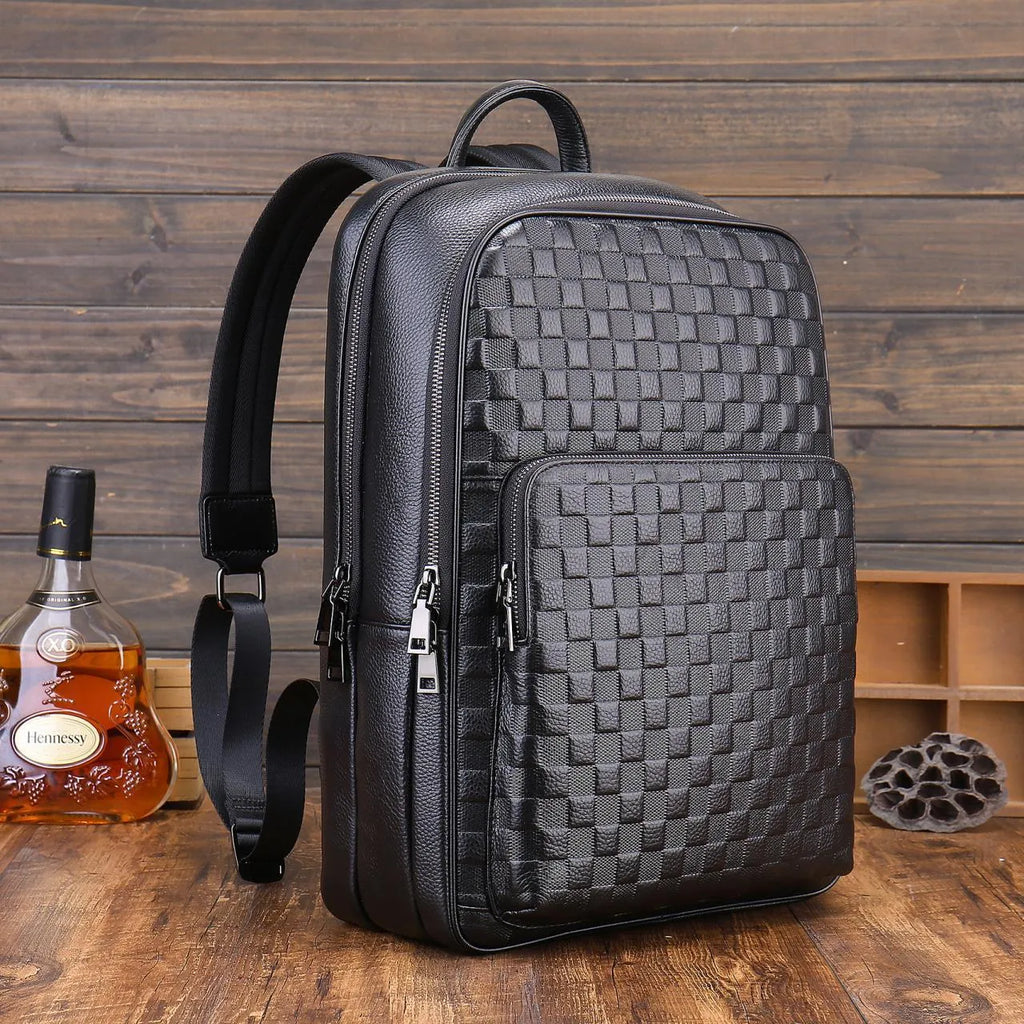 Genuine leather men's business commute bag black with contrast colour trim and airpillow straps