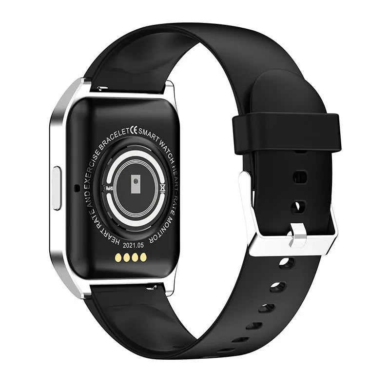 Black and silver smart watch with a colour screen on a silicone wristband, showing a heart rate and call interface.