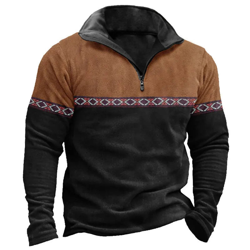 Retro patchwork polo shirt zipper sweater casual top with full zip front closure