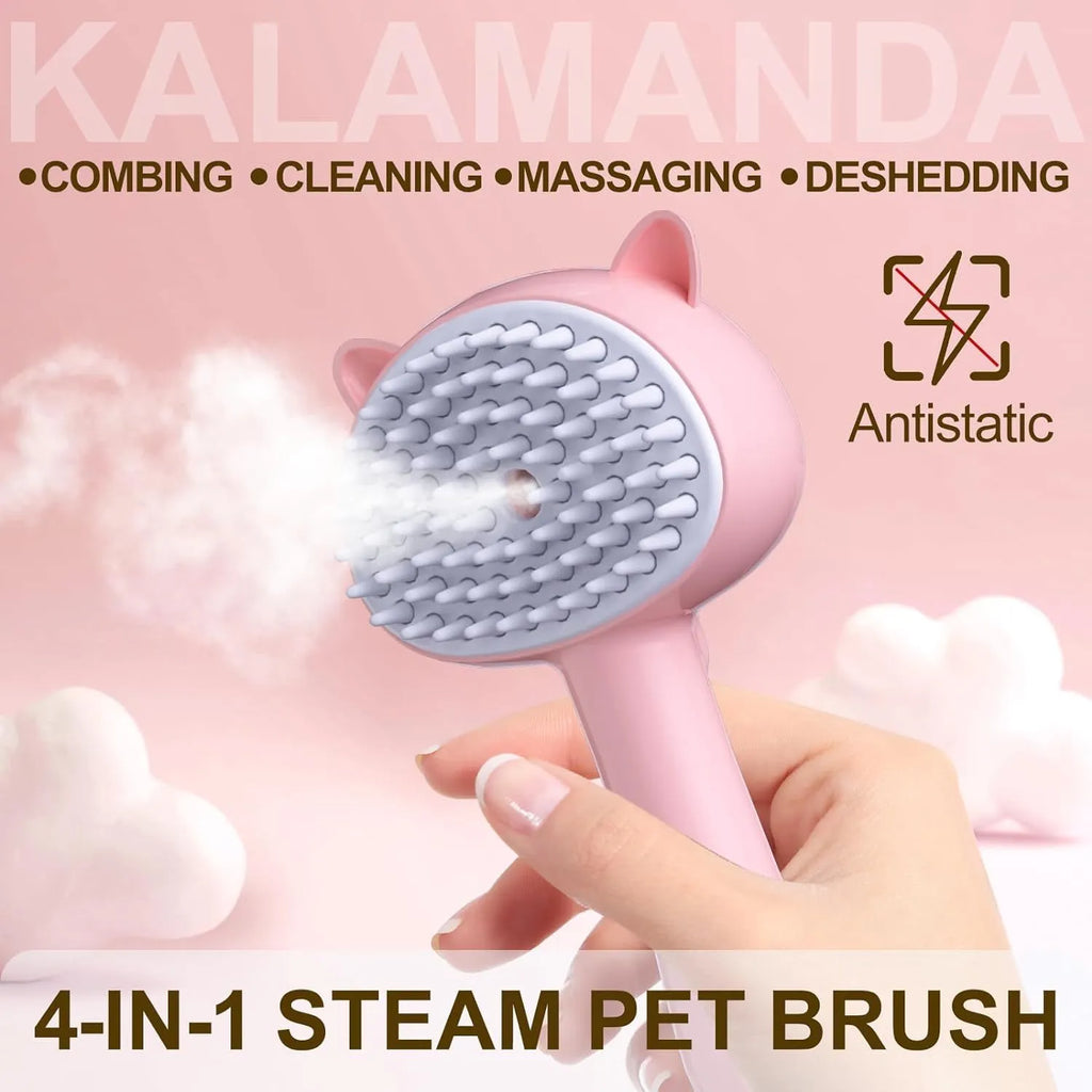 Blue 4-in-1 cat steam brush with ergonomic handle and rubber bristles for pet grooming
