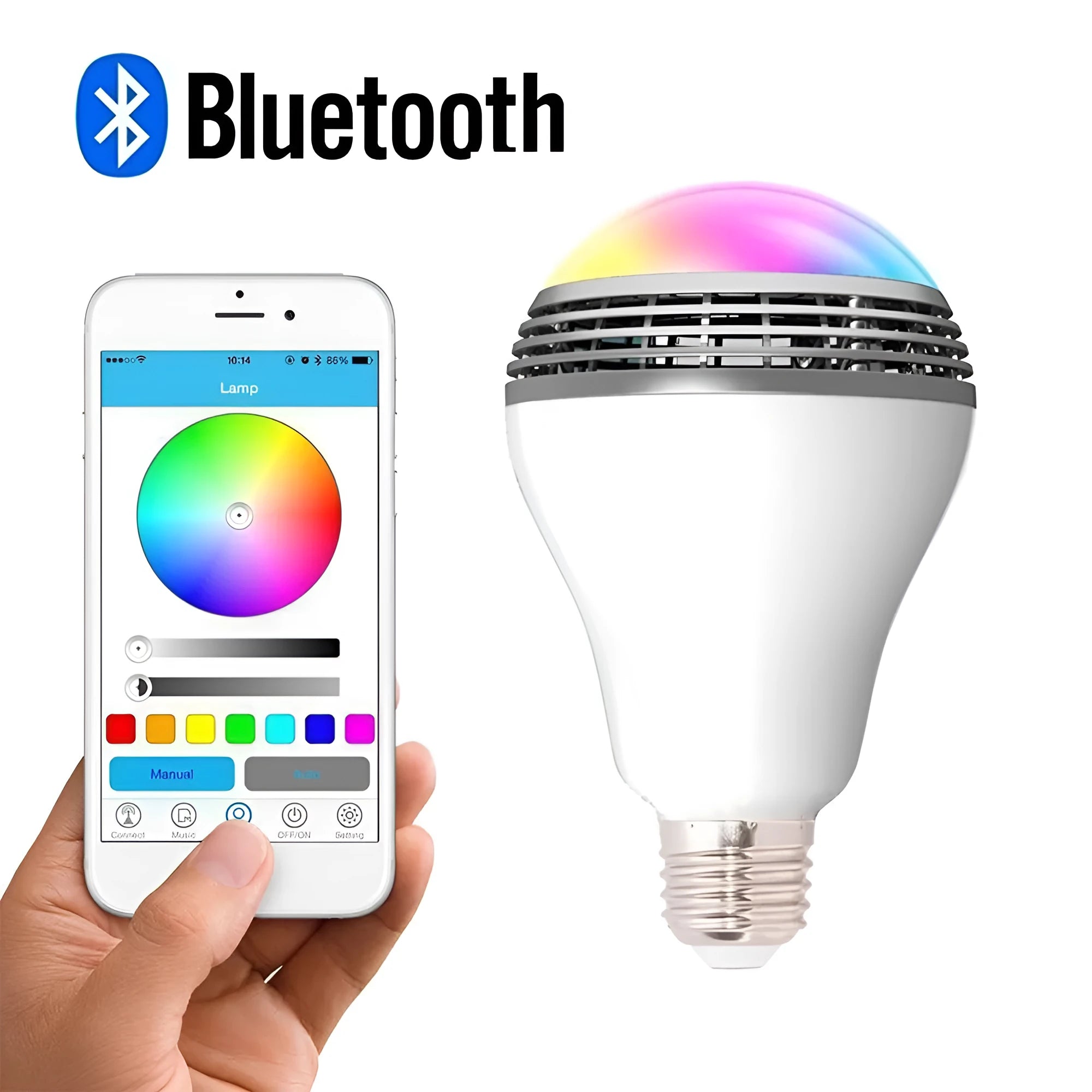 White LED smart bulb with E27 base and integrated Bluetooth speaker for lighting and audio.