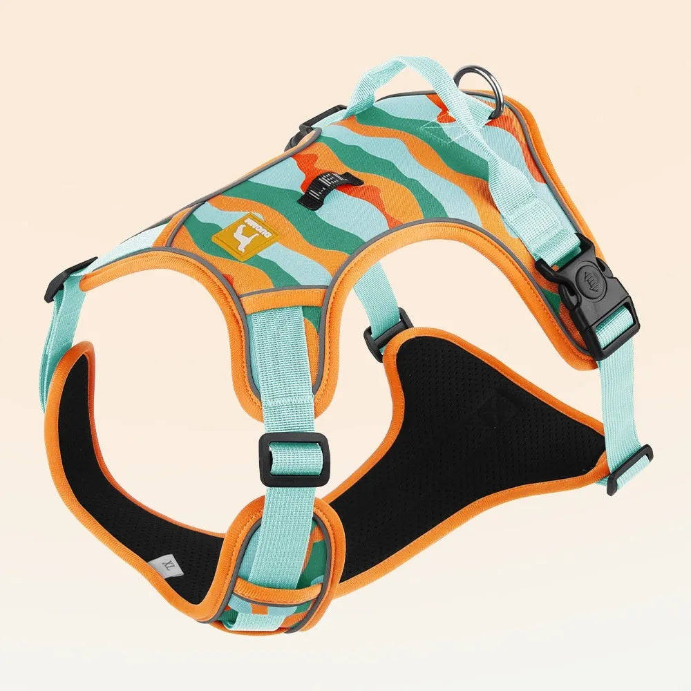 Orange reflective dog chest and back harness with an integrated hand-holding walking rope.