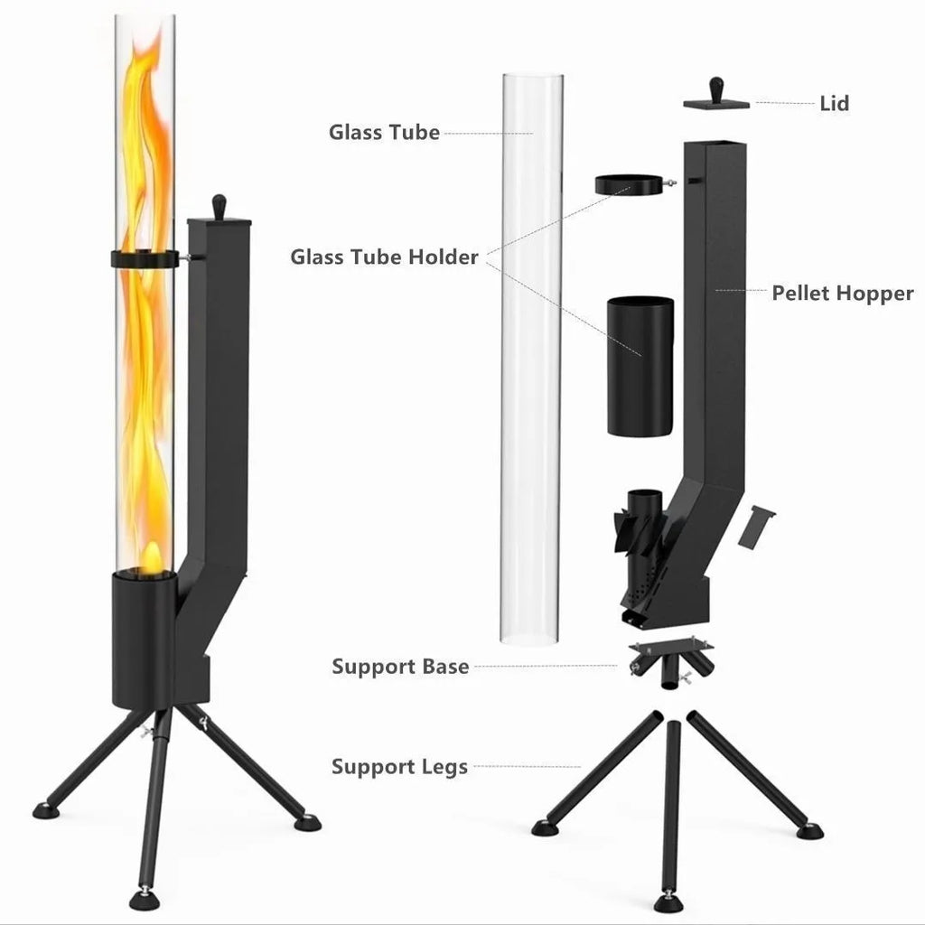 Vertical iron wood burning rocket furnace heating stove for outdoor courtyard and patio use