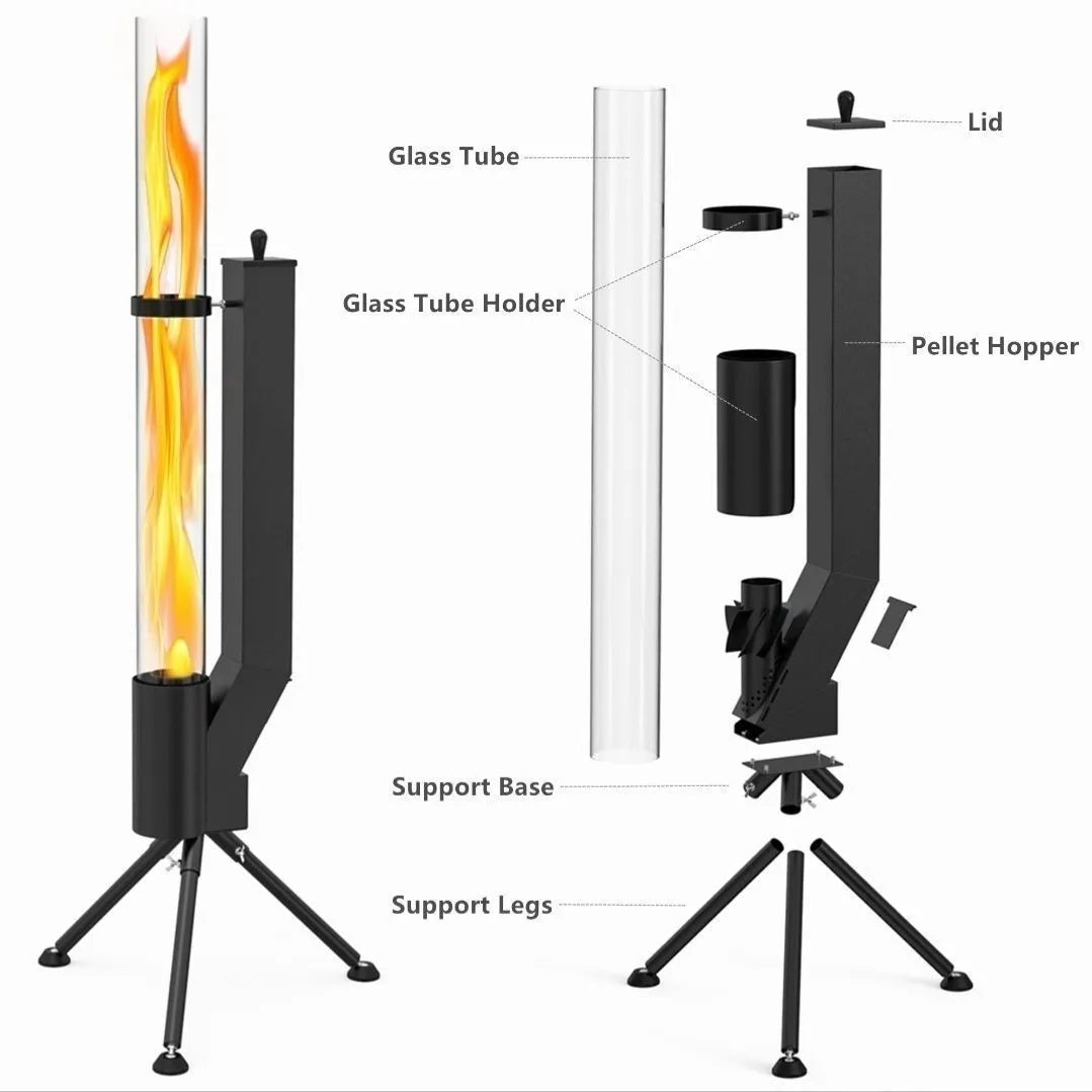 Vertical iron wood burning rocket furnace heating stove for outdoor courtyard and patio use