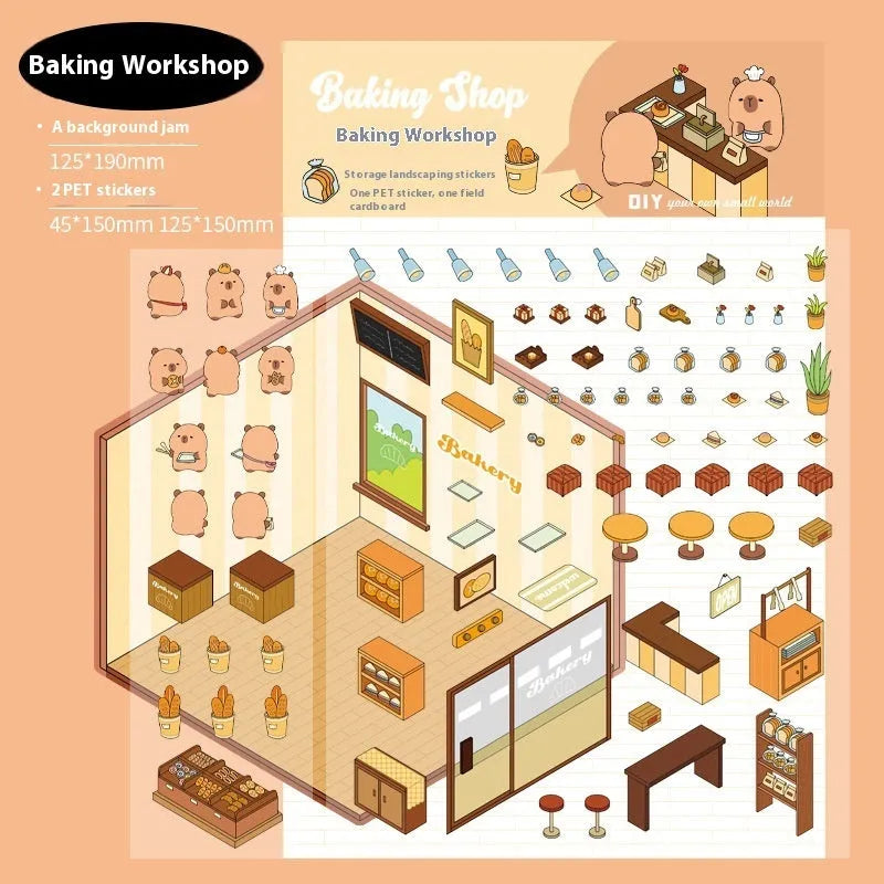 Pack of Capabala cartoon-style landscaping stickers showing eight different coloured shopfront designs.