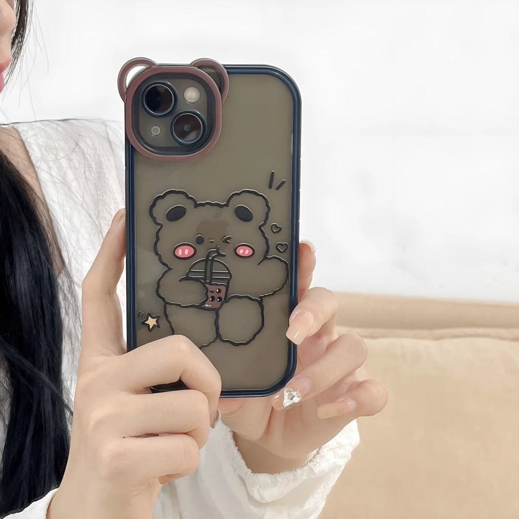 Bear photo frame TPU phone case for iPhone with Drinking Milk Tea bear graphic on a soft back cover