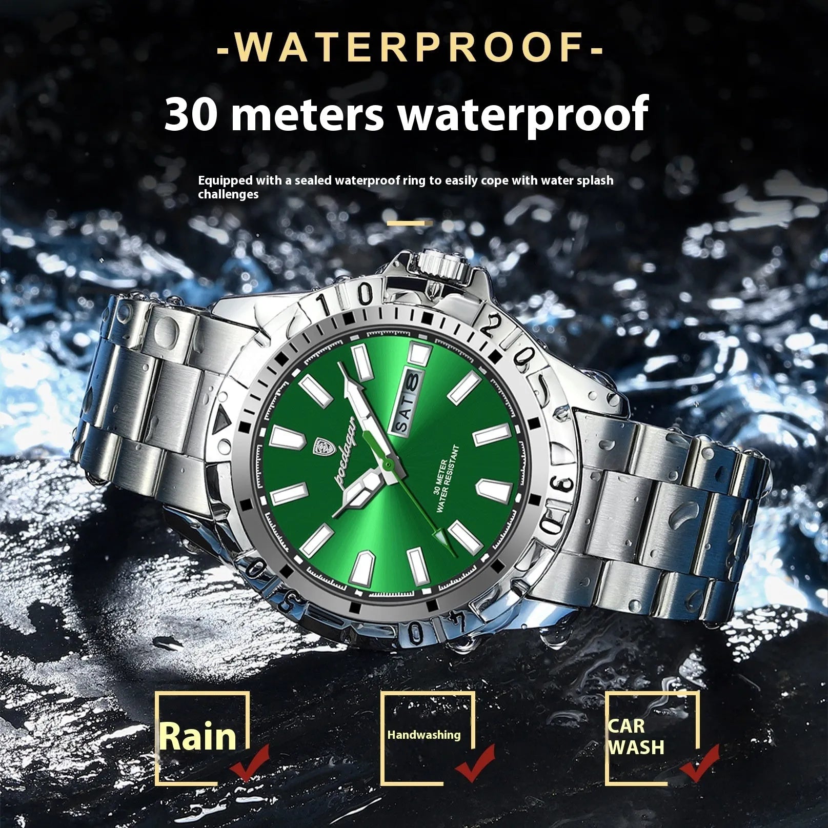 Men's Swiss waterproof luminous watch with 6mm case in gold green colour with steel belt