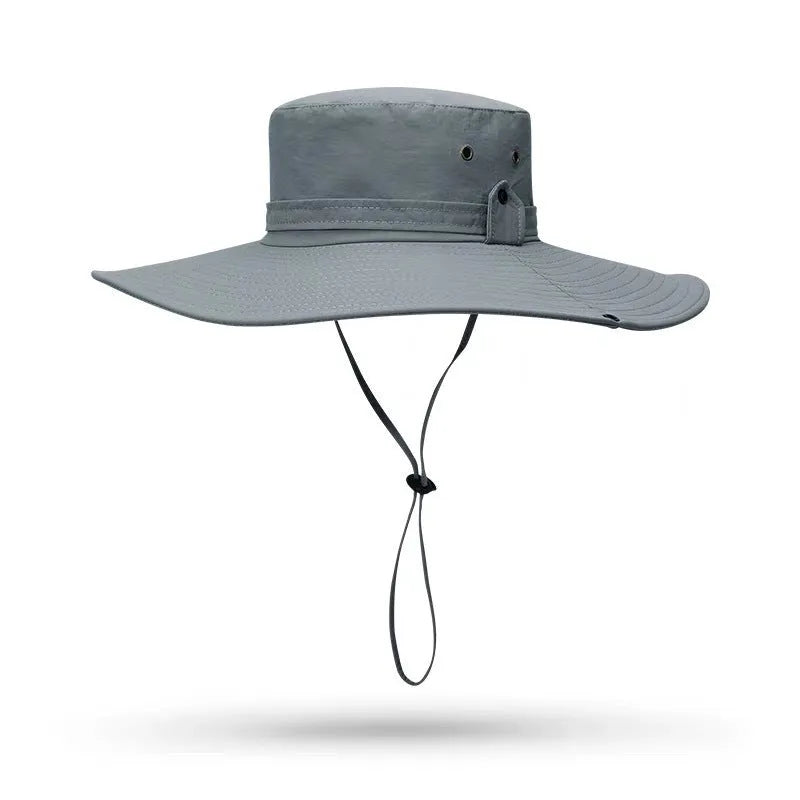 Men's flat top summer sun hat in cotton linen blend with adjustable chin strap