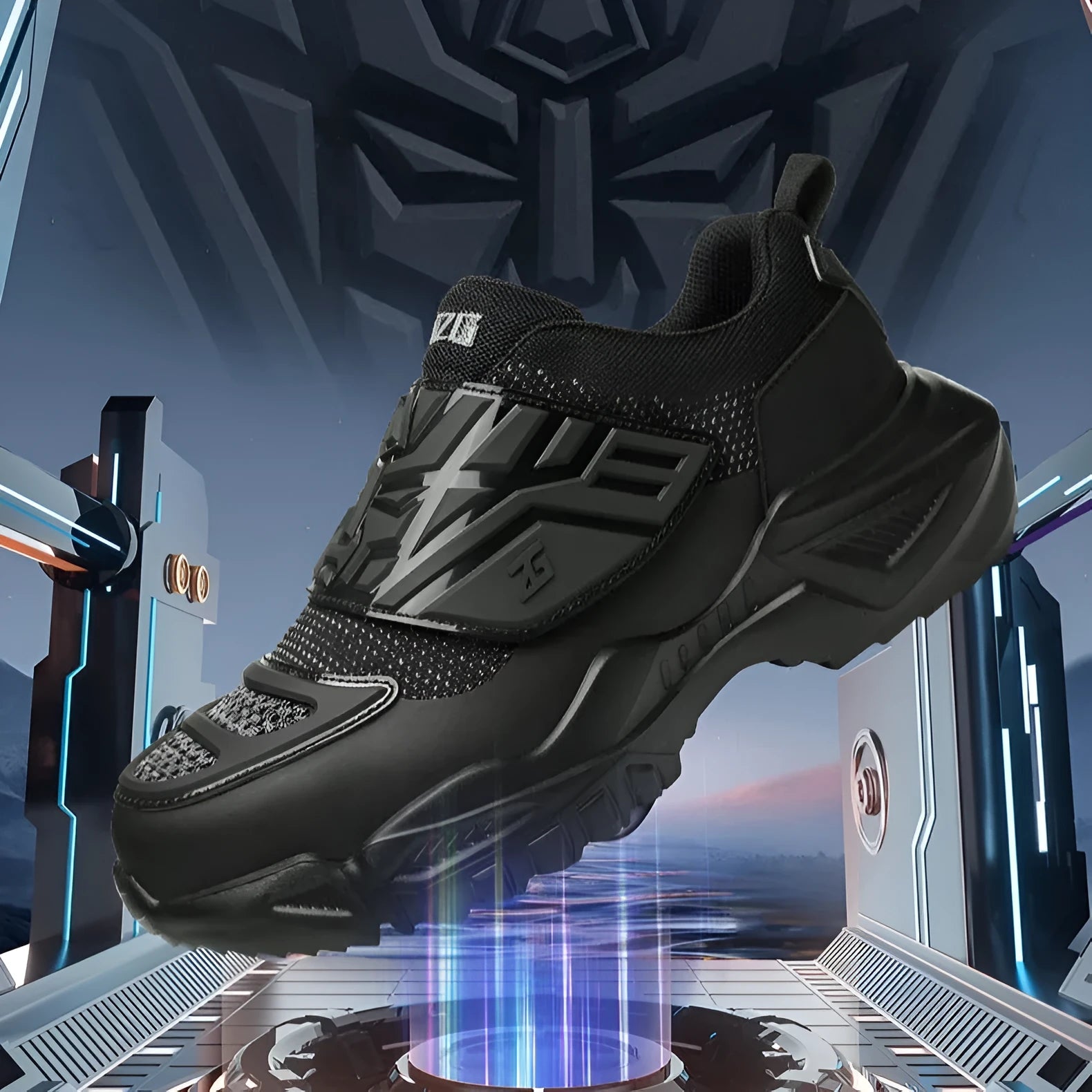 Black steel toe cap safety work shoes with felt buckle closure and lightweight EVA sole
