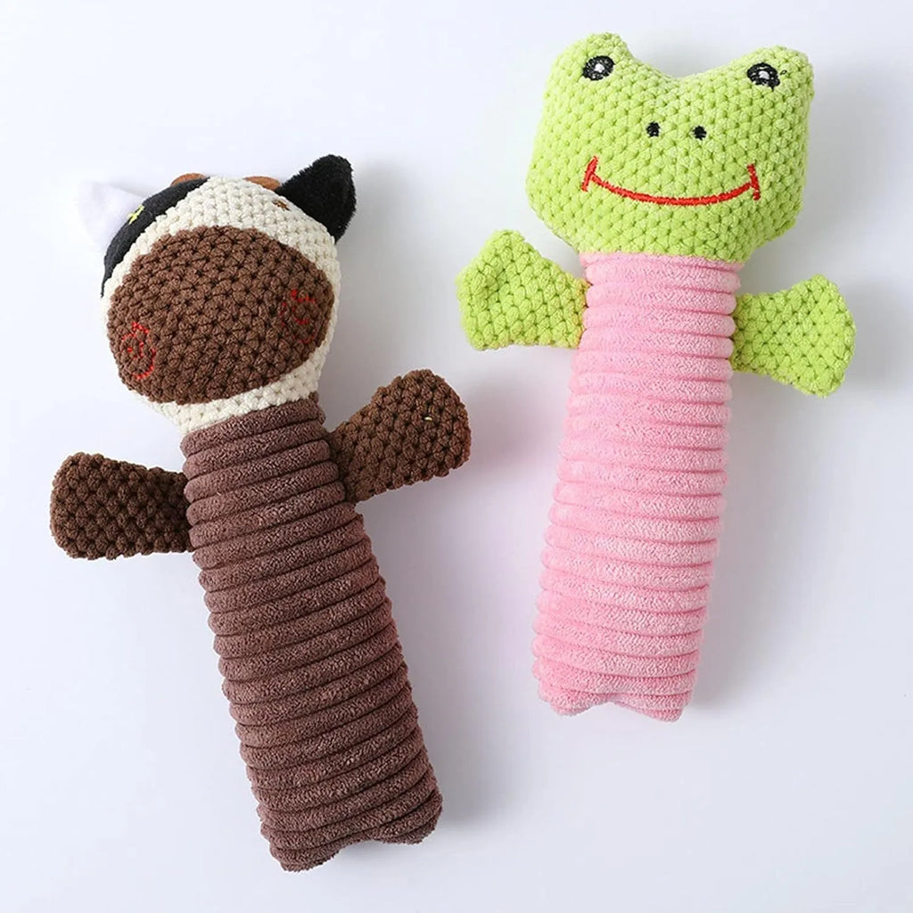 Squeaky stuffed animal dog chew toy in calves, frogs or puppies design, 19cm length