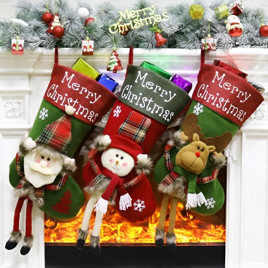 Set of three large red, white, and brown Christmas stockings featuring 3D Santa, Snowman, and Reindeer designs with hanging loops