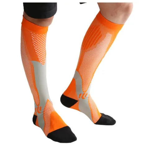 Unisex graduated compression socks in various colours with size measurement details