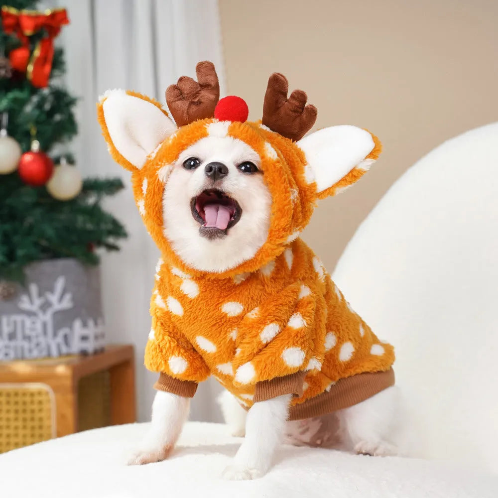 Fleece-lined elk Christmas costume for medium-sized dogs with antler design