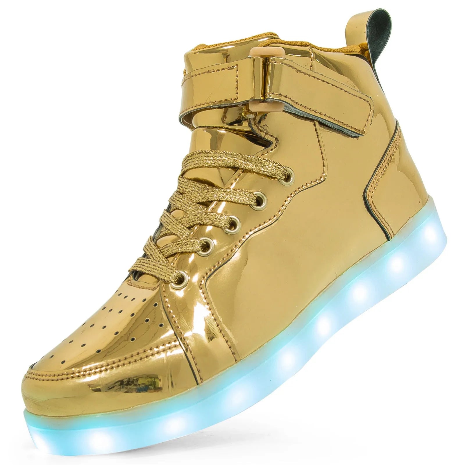 A pair of black high-top LED dancing shoes with Velcro fastening and a lit-up sole.