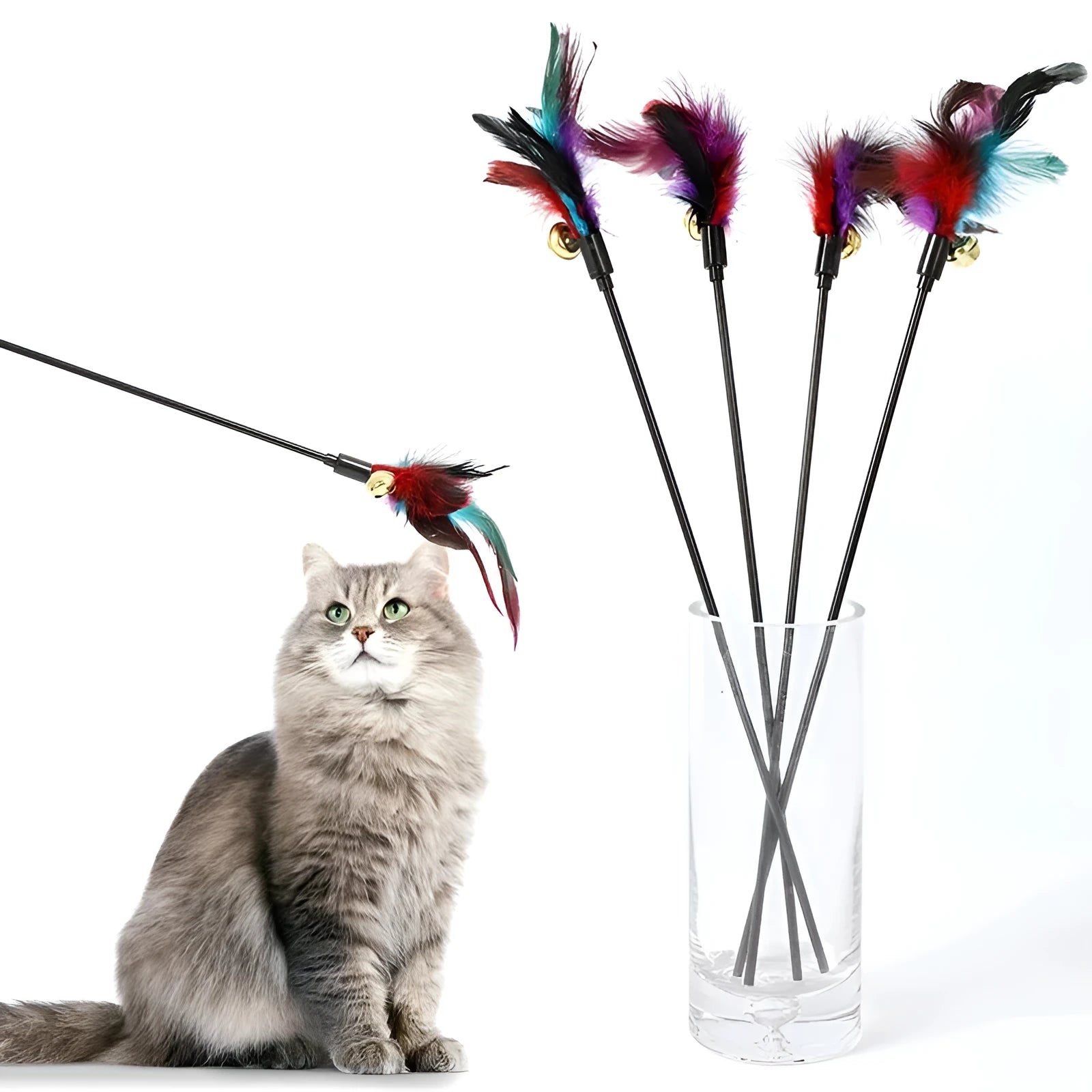 Rainbow cat feather toy stick with plush feathers and bells on plastic handle 35cm long