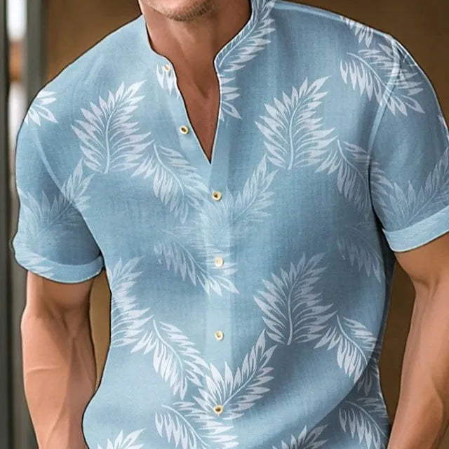 Men's casual printed polyester shirt shown in one of eight available colours.