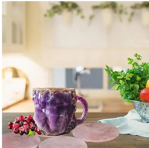 Purple resin coffee mug with handle showing crystal-like texture, 10cm tall.