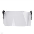 Transparent polycarbonate helmet face shield measuring 30x15cm with guide rail mounting system