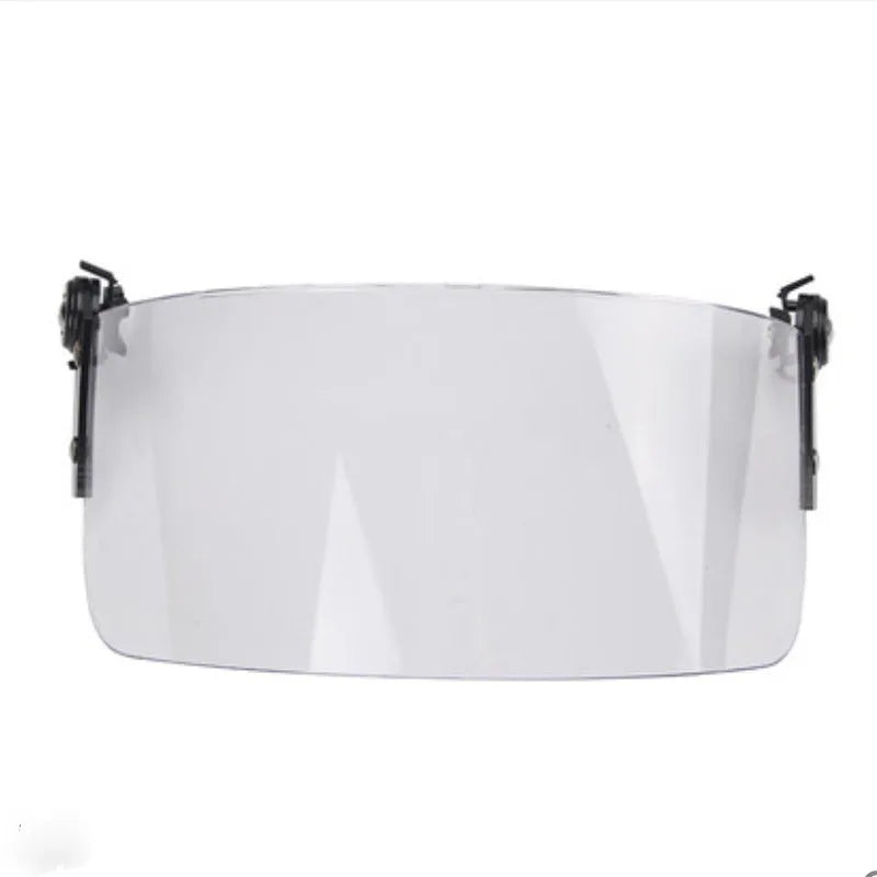 Transparent polycarbonate helmet face shield measuring 30x15cm with guide rail mounting system