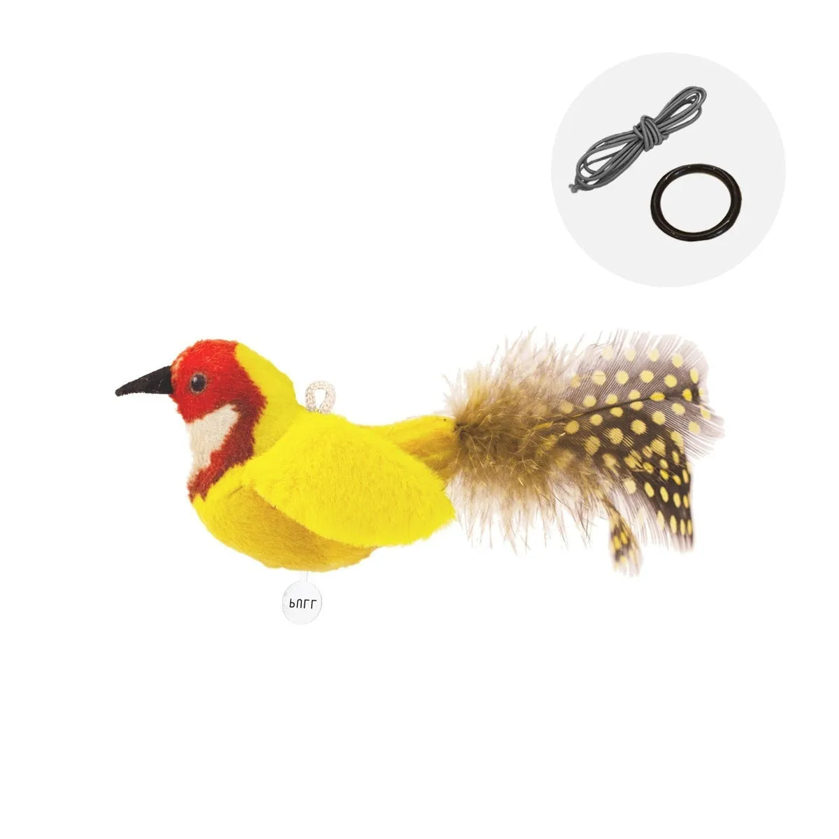 Bird simulation cat toy showing colourful plush bird designs including blue kingfisher and sparrow variants