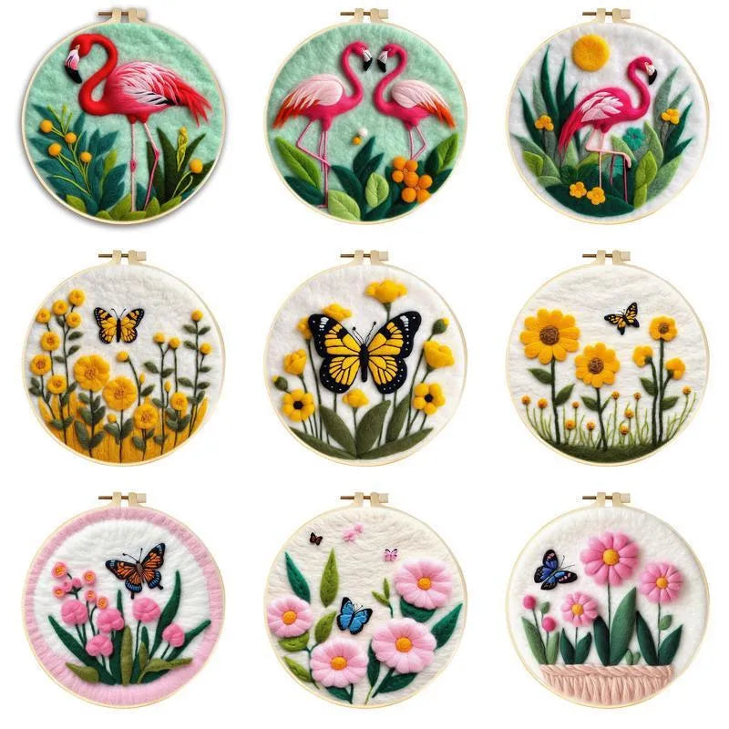 Round linen embroidery kit with wool felt pieces and embroidery frame for 20x20cm blanket painting