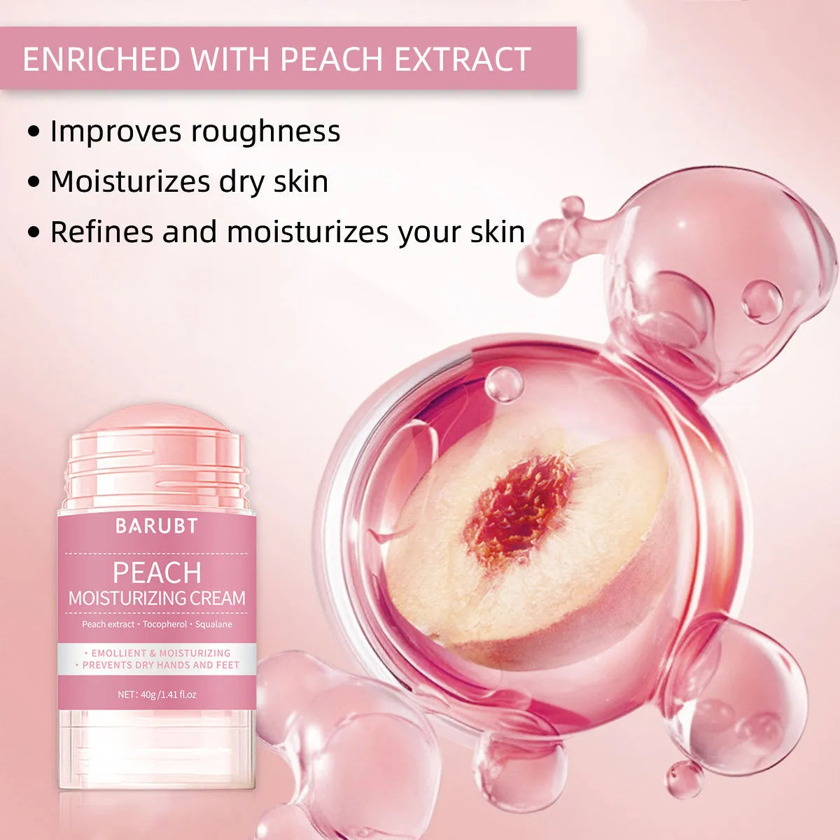 Peach hand and foot cream in 72g tube on plain background