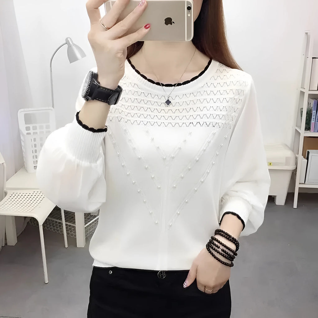 Womens chiffon ice silk knitted bottoming shirt long sleeve round neck loose fit in black