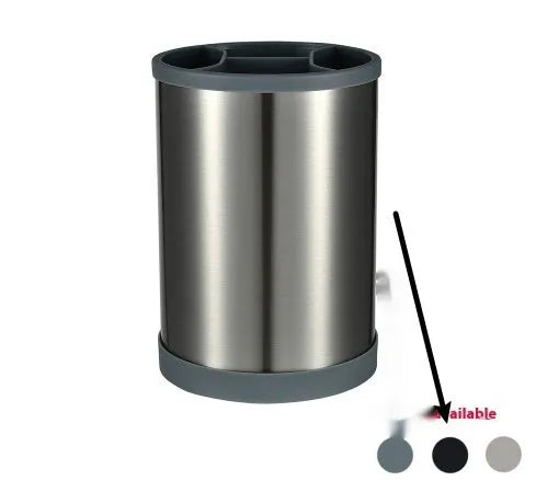 Black silicone kitchen utensil set with 12 tools in a rotating storage bucket on a kitchen countertop