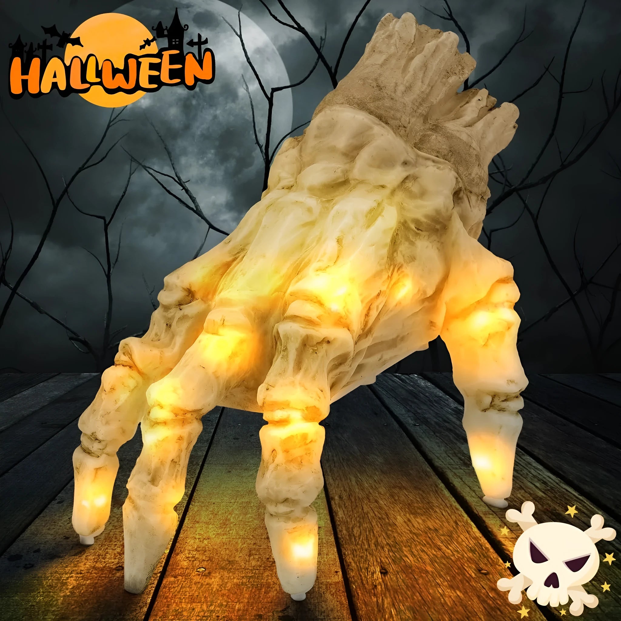 Halloween electric luminous crawling hand on floor, glowing warm colour, vinyl zombie hand with spooky sound