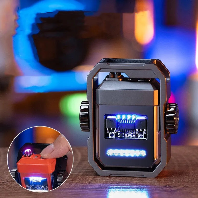 Blue windproof USB-C rechargeable Pulse Lighter with a visible double arc and mechanical gyroscope detail.
