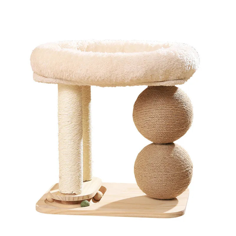 Solid pine cat bed with enclosed sides and two tall sisal scratching posts, featuring a reversible plush sleeping mat inside.