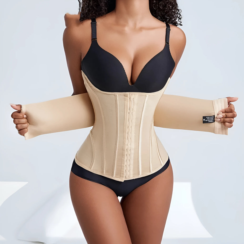 Black nylon belly band waist trainer with belt tie, laid flat.