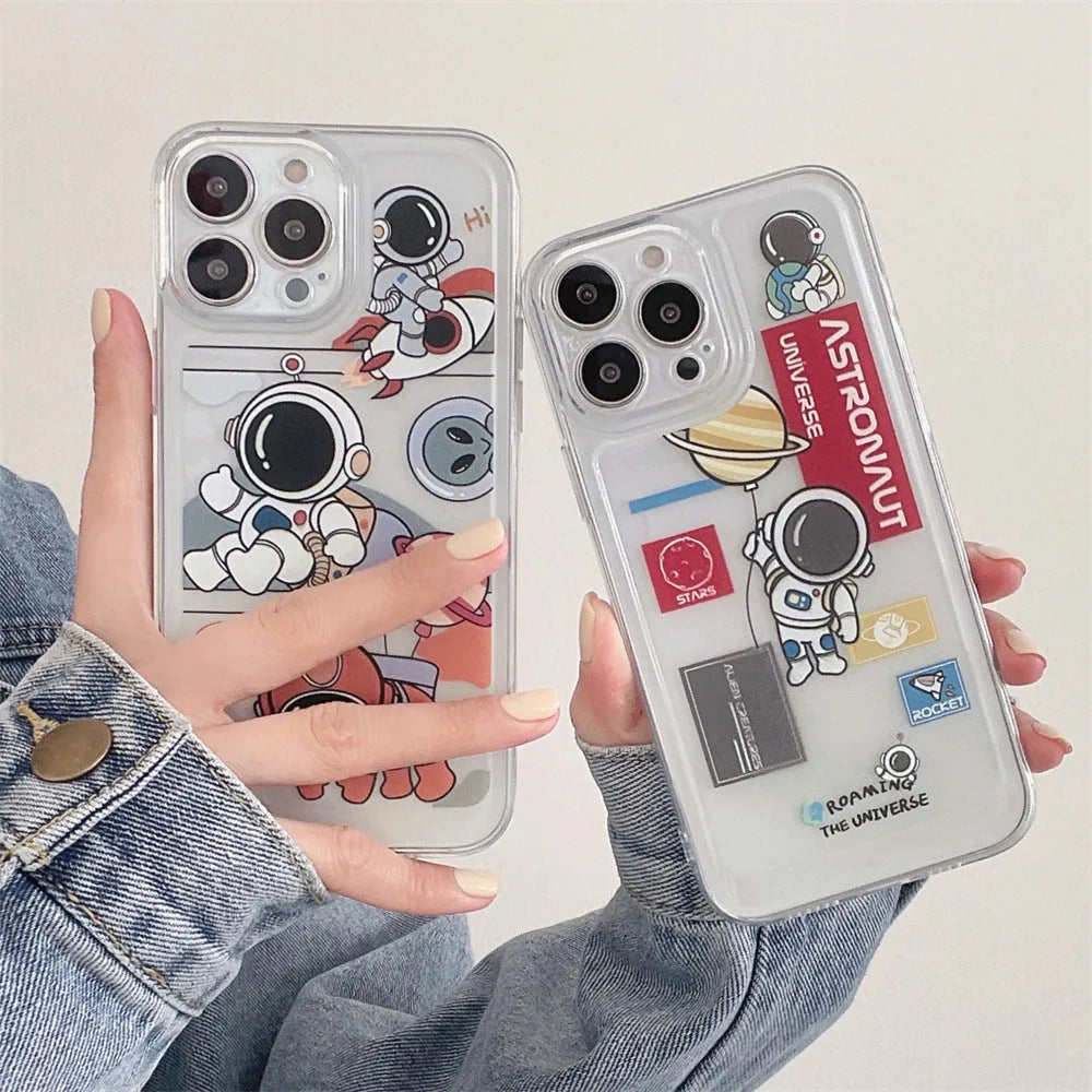 Transparent silicone phone case for iPhone 13 with cartoon astronaut and balloon graffiti design