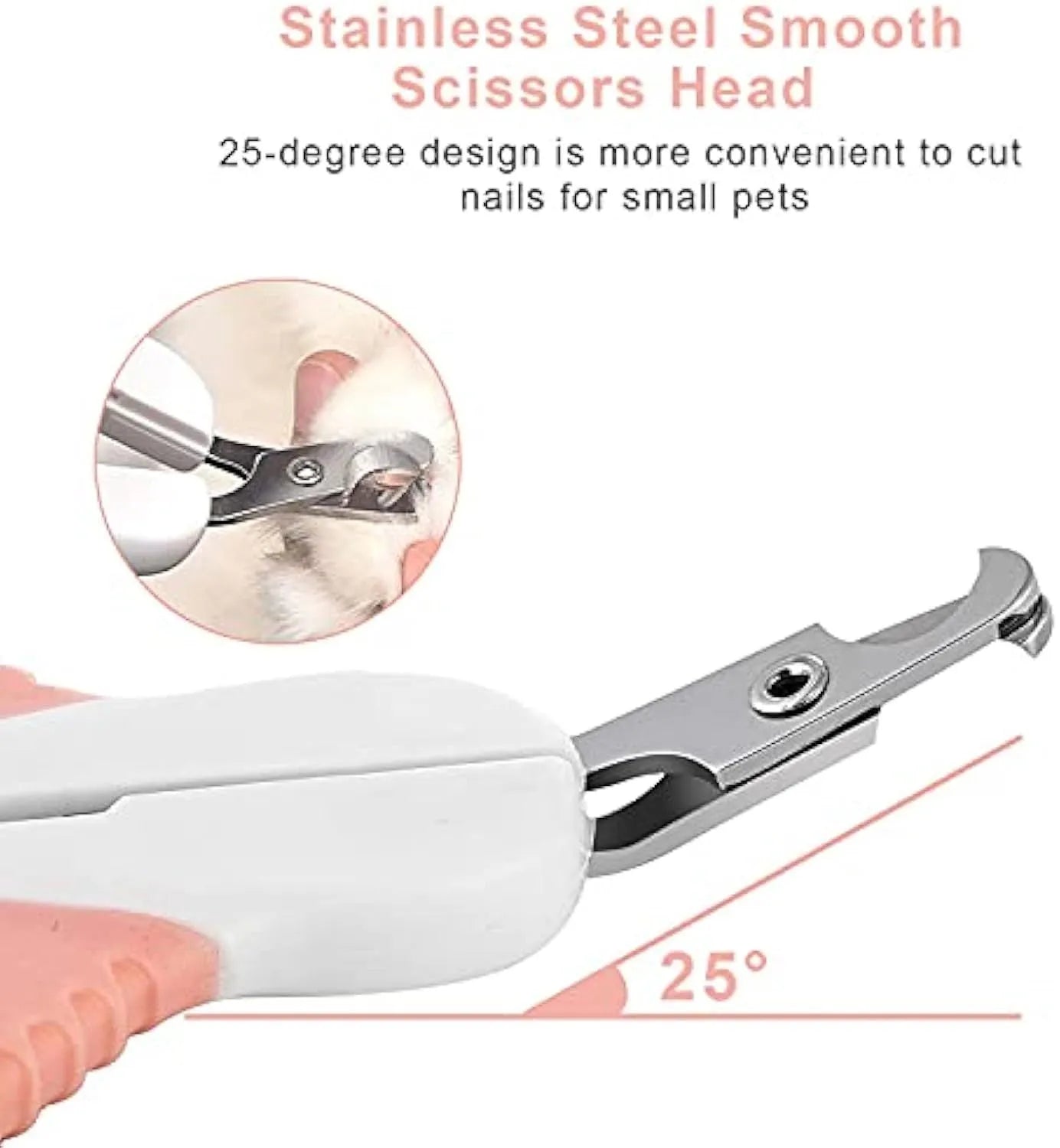 Grey and pink angled cat nail clippers with safety guard and rubber-coated handles.