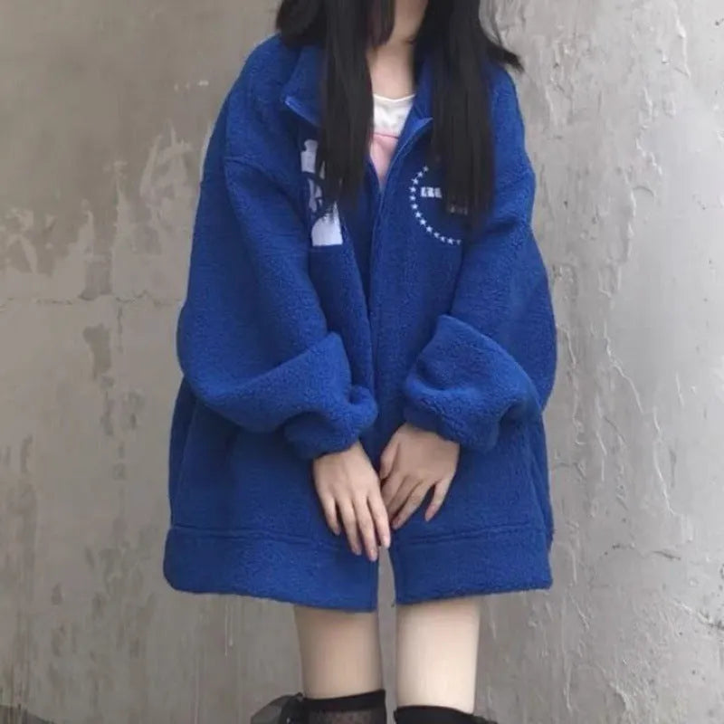Women's plus size down thickened coat with lambswool cotton lining in college style, available in pink, green, and blue