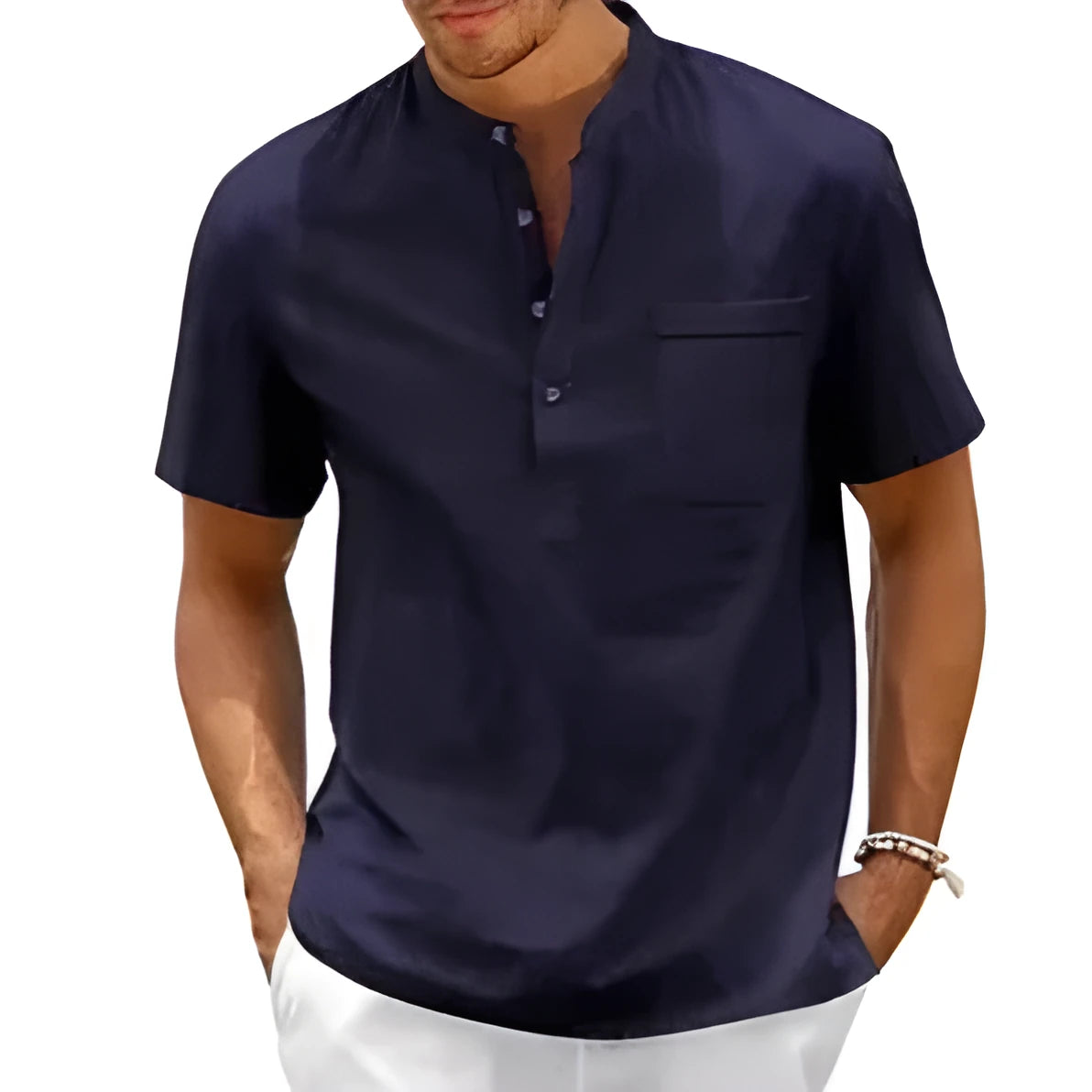 Men's solid colour stand collar short sleeve polo shirt in a loose fit for summer.