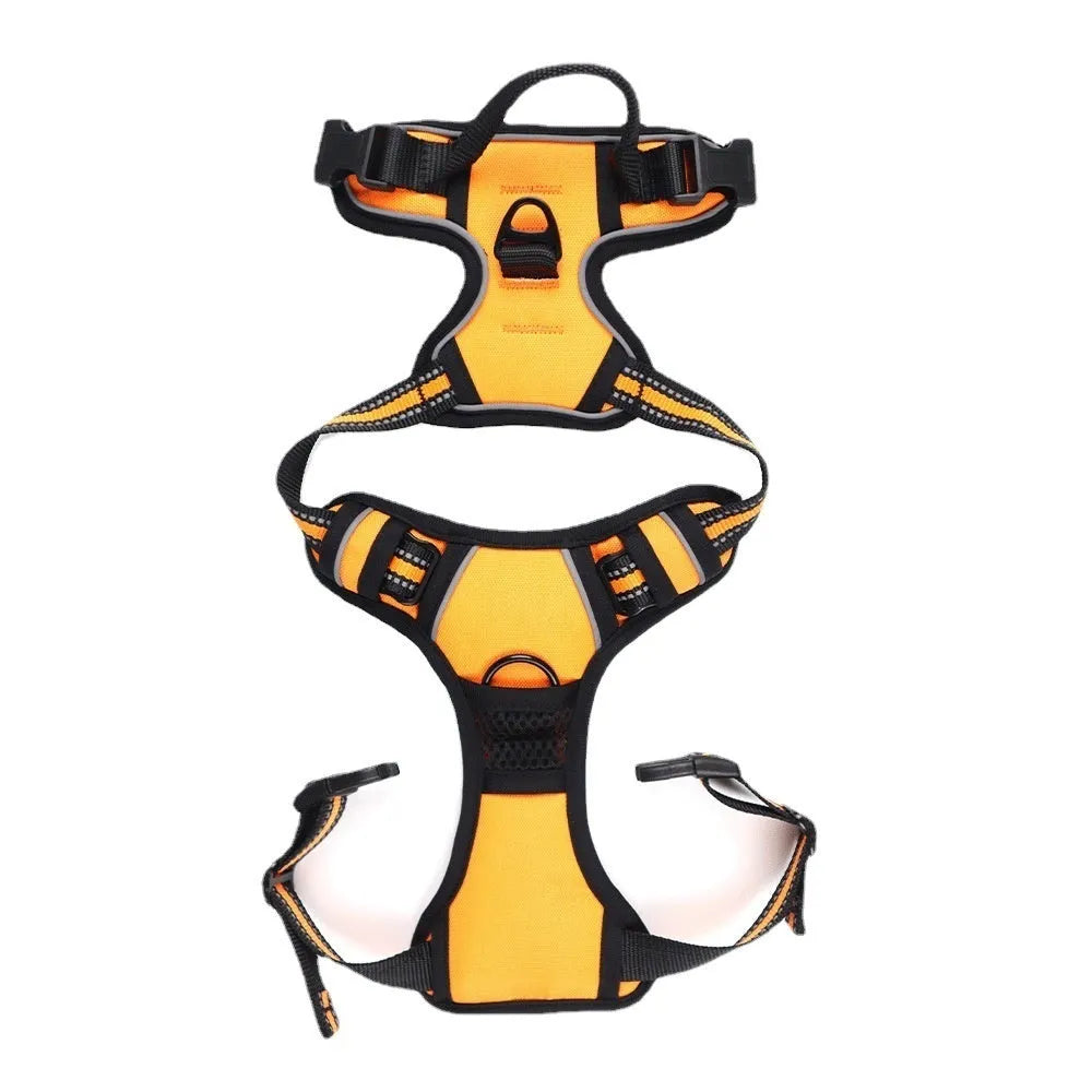 Adjustable dog chest harness in Oxford cloth showing eight colour options and four size variations